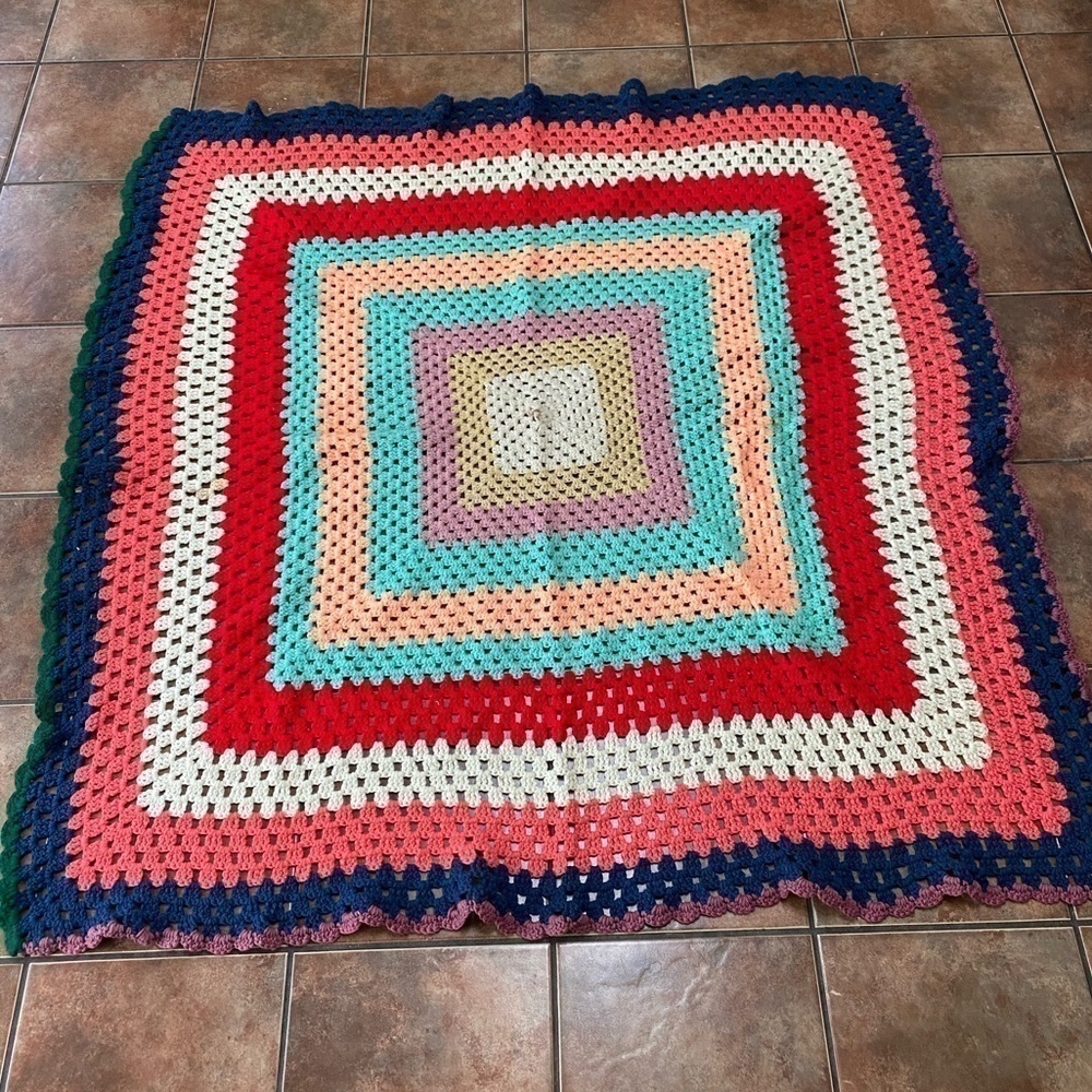 Vintage Handmade Afghan Blanket Throw 60”x60”Crochet Multi-Color